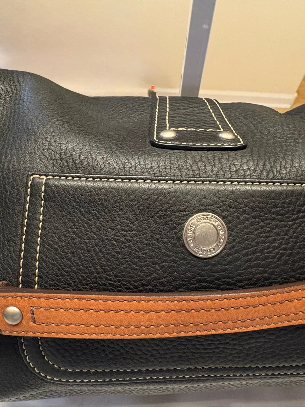 Coach Black Peddled Leather Shoulder Bag Silver White Stitch Detail